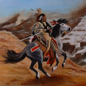 Painting titled "Indiaan te paard" by Ria Strijker, Original Artwork, Other