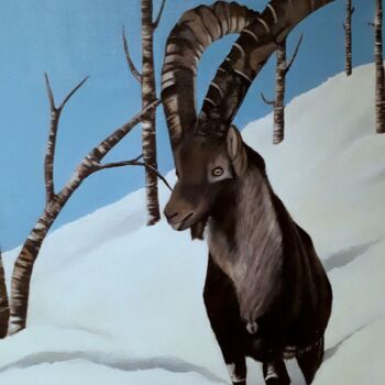 Painting titled "bokje in de sneeuw" by Ria Strijker, Original Artwork, Oil