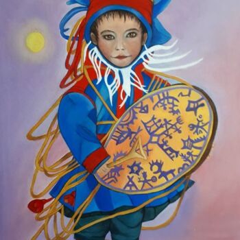 Schilderij getiteld "Sami jongen met trom" door Ria Strijker, Origineel Kunstwerk, Olie