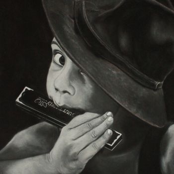 Dessin intitulée "l'enfant à l'harmon…" par Natacha Ribet, Œuvre d'art originale, Pastel