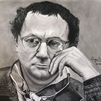 Drawing titled "COLUCHE dessin" by Natacha Ribet, Original Artwork, Charcoal
