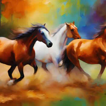Arts numériques intitulée "Cavalos em disparada" par Ricardo Ross Marques, Œuvre d'art originale, Image générée par l'IA
