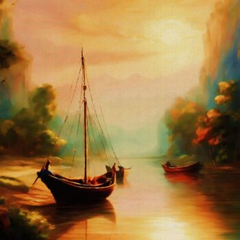 Digital Arts titled "Barcos ao por do sol" by Ricardo Ross Marques, Original Artwork, Digital Painting