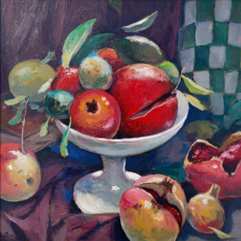 Pintura intitulada "Pomegranates - Ital…" por Riccardo Chirici, Obras de arte originais, Óleo Montado em Outro painel rígido