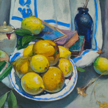 Painting titled "Lemons" by Riccardo Chirici, Original Artwork, Oil Mounted on Other rigid panel