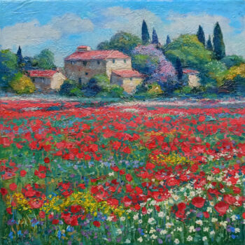 Painting titled "Poppies field - Tus…" by Riccardo Chirici, Original Artwork, Oil Mounted on Wood Stretcher frame