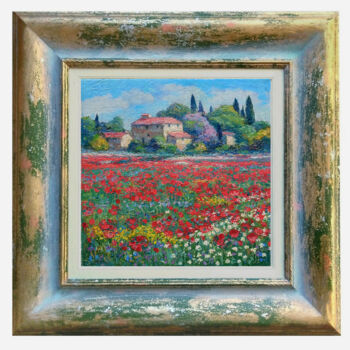 Painting titled "Poppies field - Tus…" by Riccardo Chirici, Original Artwork, Oil Mounted on Wood Stretcher frame
