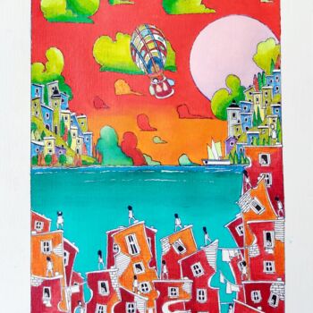 Painting titled "Città  in rosso" by Riccardo Magatti, Original Artwork, Acrylic