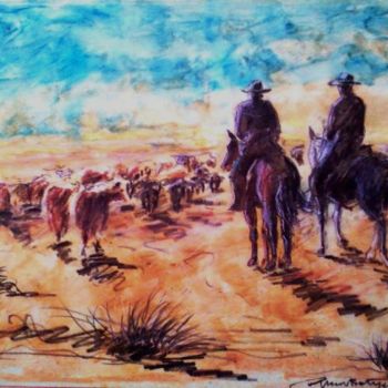 Pittura intitolato "Cowboy e mandrie" da Riccardo Battigelli, Opera d'arte originale