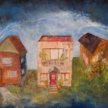 Painting titled "Three Houses" by Rich Leyden, Original Artwork, Oil