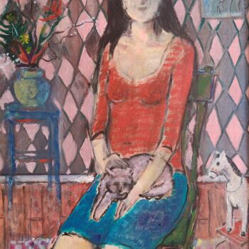 Pittura intitolato "My Cat And l" da Richard Cress, Opera d'arte originale, Olio
