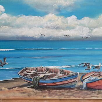 Pittura intitolato "Botes en la playa" da Richard Greswell, Opera d'arte originale, Acrilico