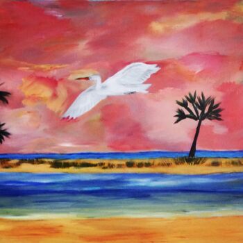 Pintura titulada "Egret in Flight" por Richard Heiens, Obra de arte original, Acrílico