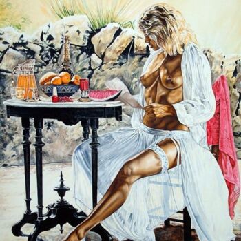 Pintura intitulada "Breakfast on the be…" por Richard Murrin, Obras de arte originais, Óleo