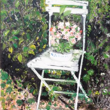 Painting titled "Chaise de jardin au…" by Dominique Richard, Original Artwork, Oil