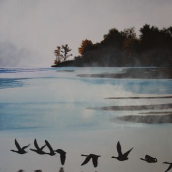 Schilderij getiteld "Fly over water" door Richard Post, Origineel Kunstwerk, Olie