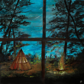 Pintura intitulada "Camping site" por Riddhi Padmanabhuni, Obras de arte originais, Acrílico Montado em Armação em madeira