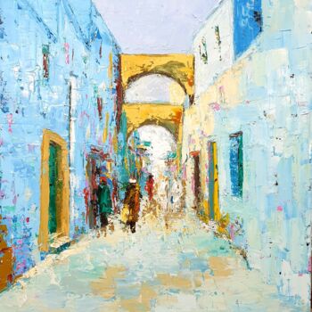 Painting titled "the blue neighbourh…" by Rihab Bader, Original Artwork, Oil