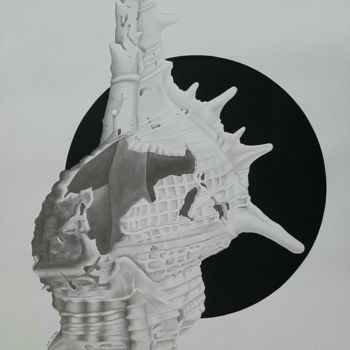 「Écoute la mer」というタイトルの描画 Ahmed Ktataによって, オリジナルのアートワーク, 鉛筆 ウッドパネルにマウント