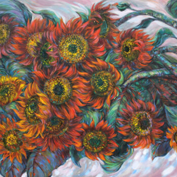 Pittura intitolato "Red sunflowers" da Rima Azatyan, Opera d'arte originale, Olio