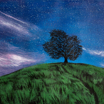 Schilderij getiteld "TREE AT NIGHT, land…" door Rimma Savina, Origineel Kunstwerk, Acryl