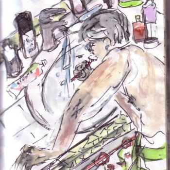 Drawing titled "michel à la toilette" by Rina Curiel, Original Artwork
