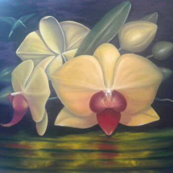 Картина под названием "Колибри и орхидея" - Rinat Shaker, Подлинное произведение искусства, Масло