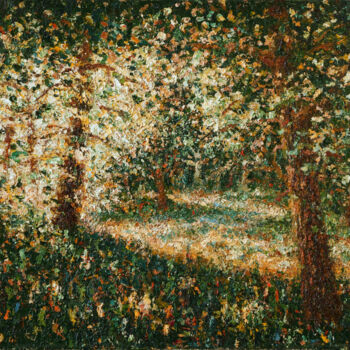 Painting titled "Forêt ensoleillée." by Rinat Gayaliev, Original Artwork, Oil Mounted on Wood Stretcher frame