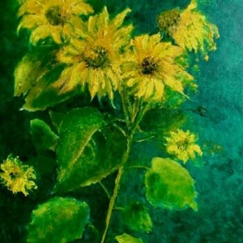 Painting titled "Les tournesols" by Rita Cau, Original Artwork, Oil Mounted on Wood Stretcher frame