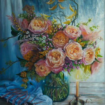 Painting titled "Beautiful roses wit…" by Rita Cemkalo, Original Artwork, Lacquer