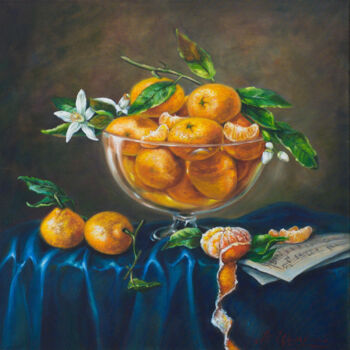 Painting titled "Tangerines in a gla…" by Rita Cemkalo, Original Artwork, Oil