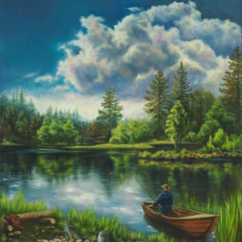 Painting titled "Landscape with a la…" by Rita Cemkalo, Original Artwork, Oil