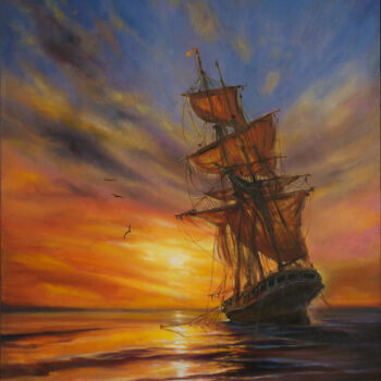 Pittura intitolato "Sailboat at sunset" da Rita Cemkalo, Opera d'arte originale, Olio