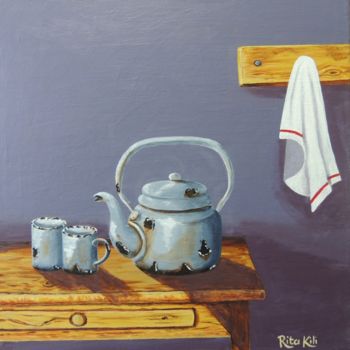 Painting titled "Old Kettle on Table" by Rita Kili, Original Artwork, Acrylic