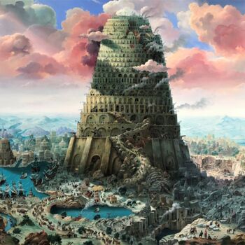 Pittura intitolato "The tower of Babel…" da Rita Mikhalchuk, Opera d'arte originale, Olio Montato su Telaio per barella in l…