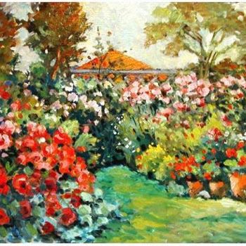 Painting titled "Cottage garden" by Rita Monaco, Original Artwork, Oil