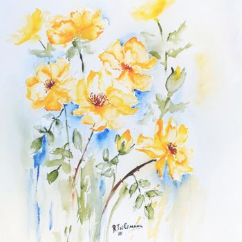 Schilderij getiteld "Gele Rozen, aquarel…" door Rita Tielemans, Origineel Kunstwerk, Aquarel