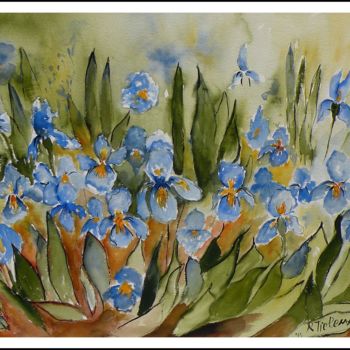 Painting titled "Blauwe Irissen, aqu…" by Rita Tielemans, Original Artwork, Watercolor
