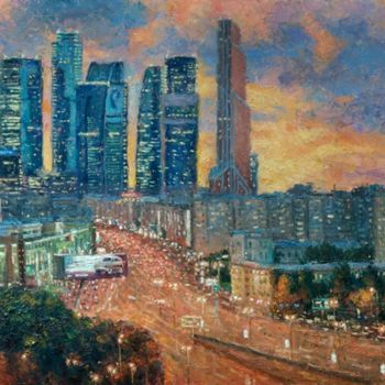 Картина под названием "Москва-Сити наступа…" - Игорь Разживин, Подлинное произведение искусства, Масло