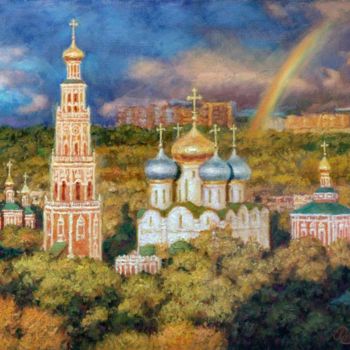 Painting titled "Радуга над Москвой." by Igor Razzhivin, Original Artwork, Oil