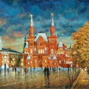 Картина под названием "Сумерки на Красной…" - Игорь Разживин, Подлинное произведение искусства, Масло