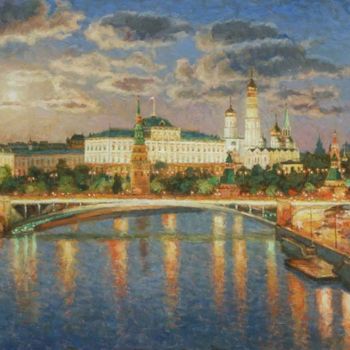 Painting titled "Луна повисла над Кр…" by Igor Razzhivin, Original Artwork, Oil