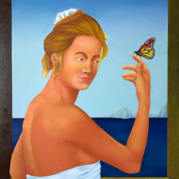 Painting titled "Femme au papillon" by Ruy, Jean Bardot, Original Artwork, Oil