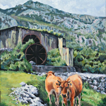 Painting titled ""Cows At The Copper…" by R J Burgon, Original Artwork, Acrylic