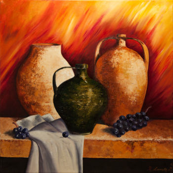 Painting titled "Poteries et raisin…" by Régine Lamotte Doncieux, Original Artwork, Oil