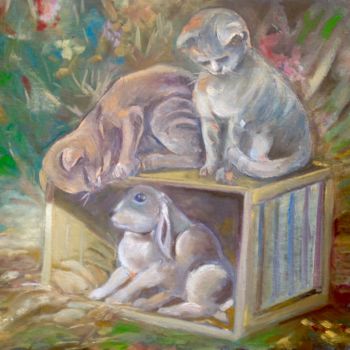 Pintura titulada "Gatos-y-conejo.jpg" por Martiche, Obra de arte original, Oleo