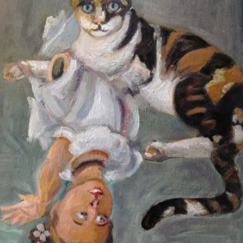 Pintura titulada "Gato-con-muñeca-rot…" por Martiche, Obra de arte original, Oleo