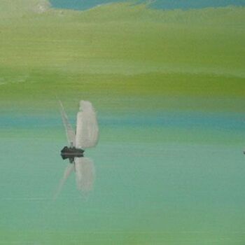 Schilderij getiteld "Lagoon with a green…" door Rob Arbouw, Origineel Kunstwerk, Olie
