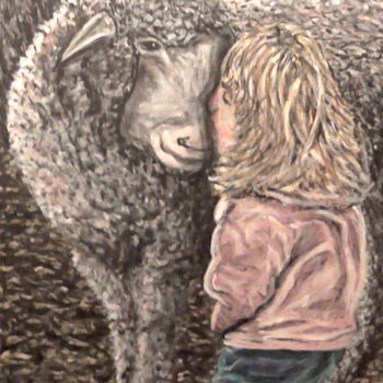 Painting titled "Girl Kisses Sheep" by Robbie Nuwanda, Original Artwork, Acrylic