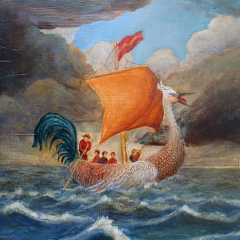 Peinture intitulée "le coq drakkar-8f.j…" par Boul, Œuvre d'art originale, Huile